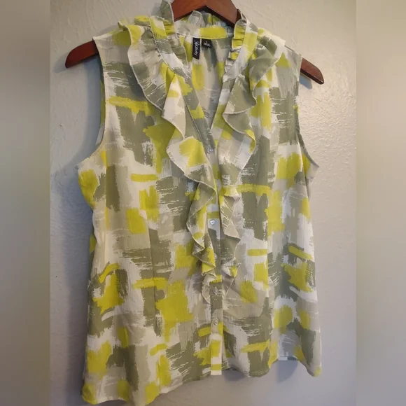 Relativity Sleeveless Ruffle Neck Blouse Lime Green Gray Abstract Print Large - Picture 3 of 9